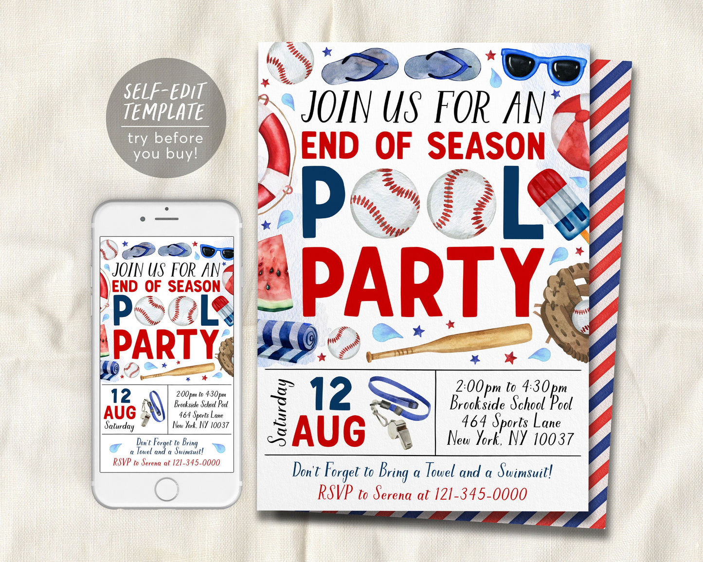 Baseball Pool Party Invitation Editable Template