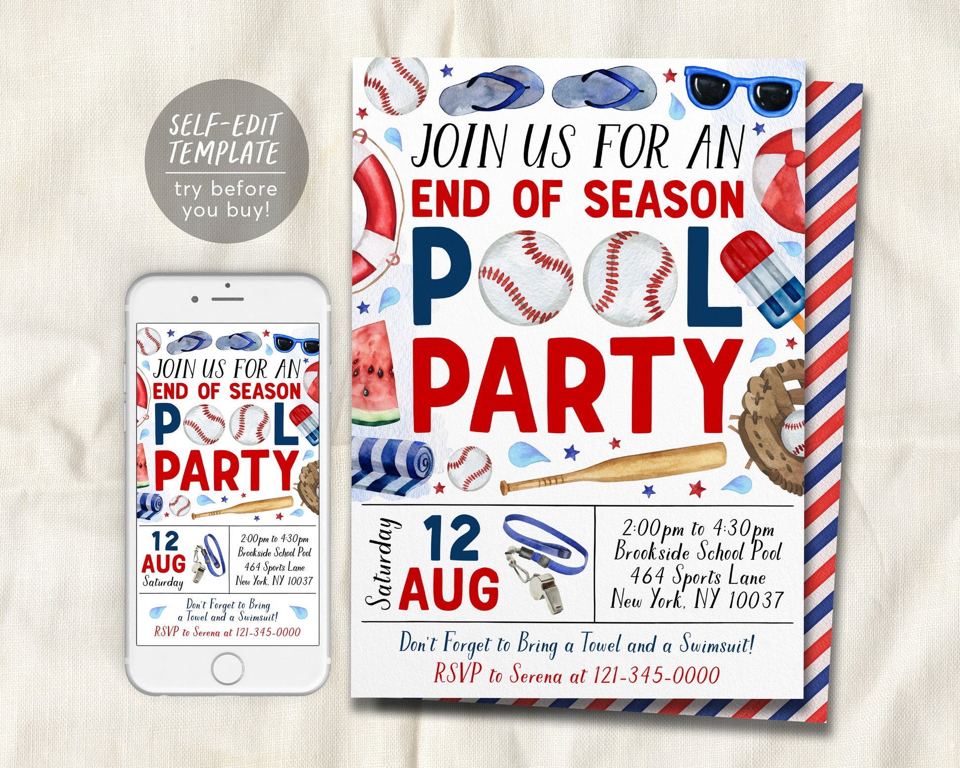 Baseball Pool Party Invitation Editable Template