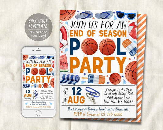 Basketball Pool Party Invitation Editable Template