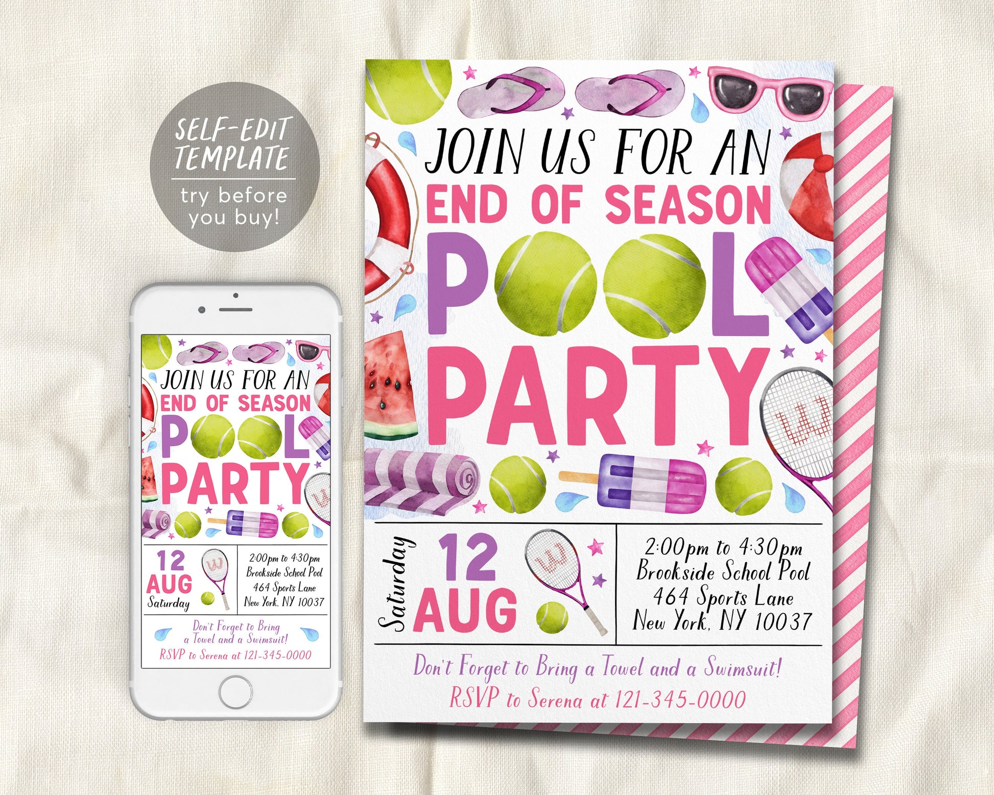 Tennis Pool Party Invitation Editable Template