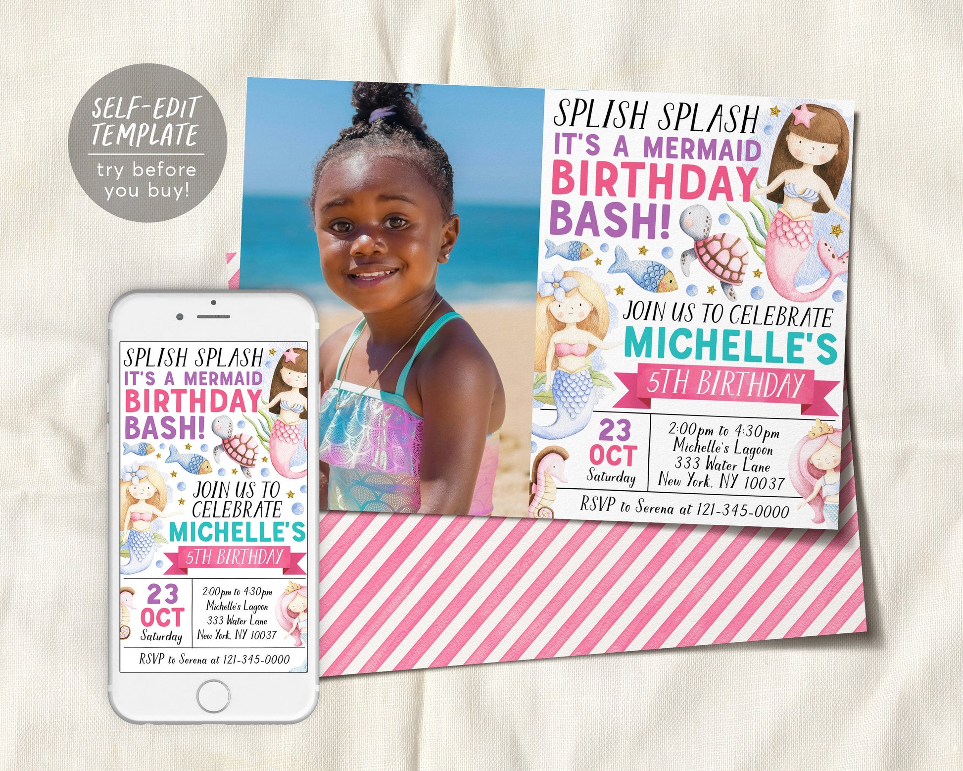 Mermaid Party Birthday Invitation With Photo Editable Template