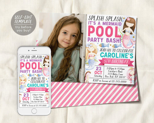 Mermaid Pool Party Birthday Invitation With Photo Editable Template