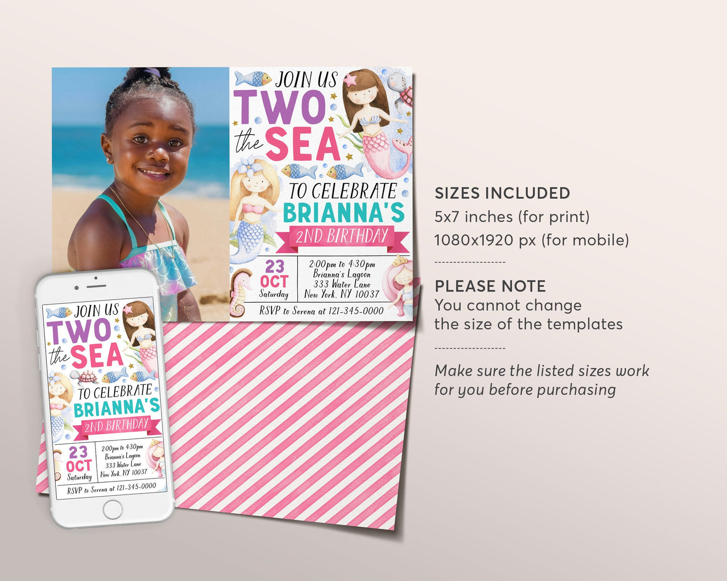 Two The Sea Mermaid Second Birthday Invitation With Photo Editable Template, Under The Sea Little Mermaid 2nd Birthday Party Invite Evite