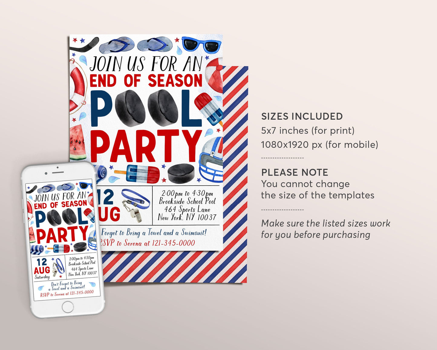 Hockey Pool Party Invitation Editable Template, Ice Hockey End of Season Sports Team Pool Invite, Backyard Team Party Cookout BBQ Evite