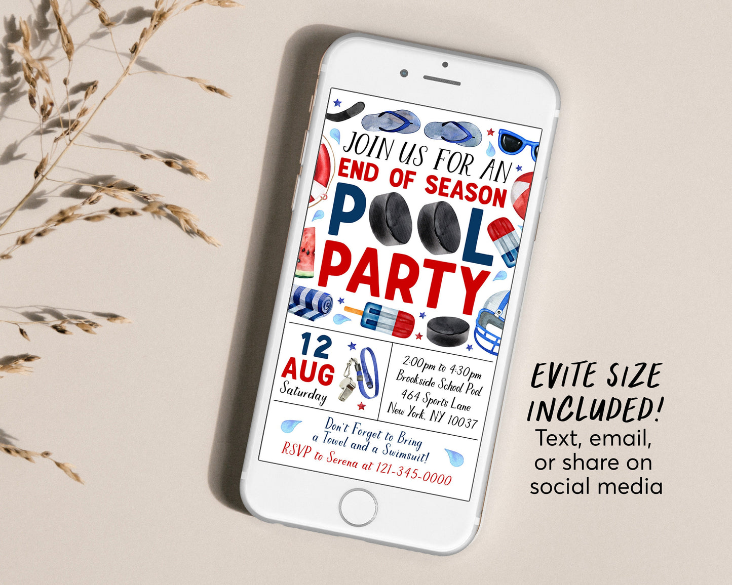 Hockey Pool Party Invitation Editable Template, Ice Hockey End of Season Sports Team Pool Invite, Backyard Team Party Cookout BBQ Evite