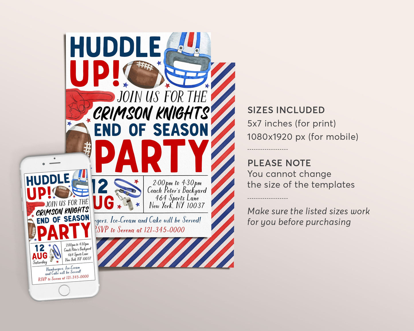 Football End of Season Party Invitation Editable Template, Football Sports Team Party Invite, Summer Backyard Team Party Cookout BBQ Evite