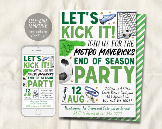 Soccer End of Season Party Invitation Editable Template
