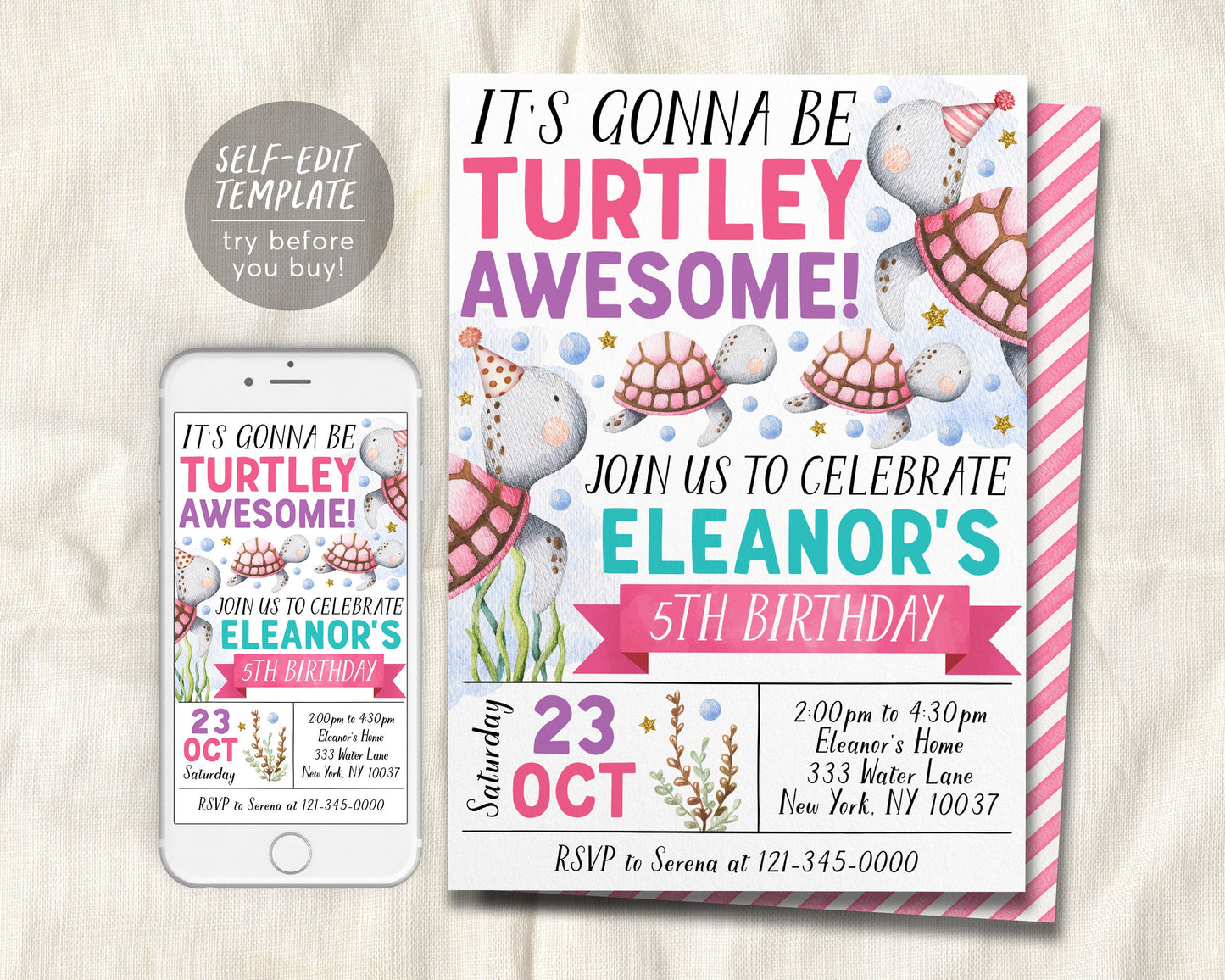 Turtle Birthday Invitation Editable Template