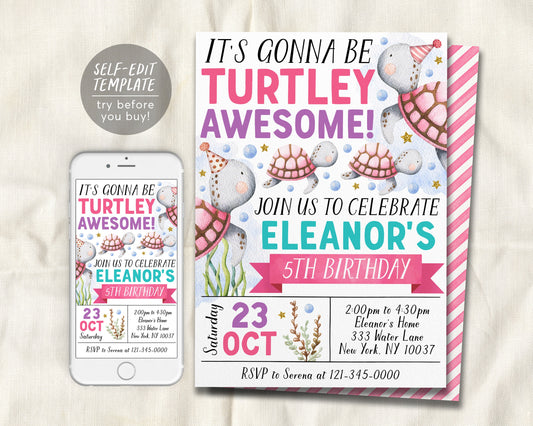 Turtle Birthday Invitation Editable Template