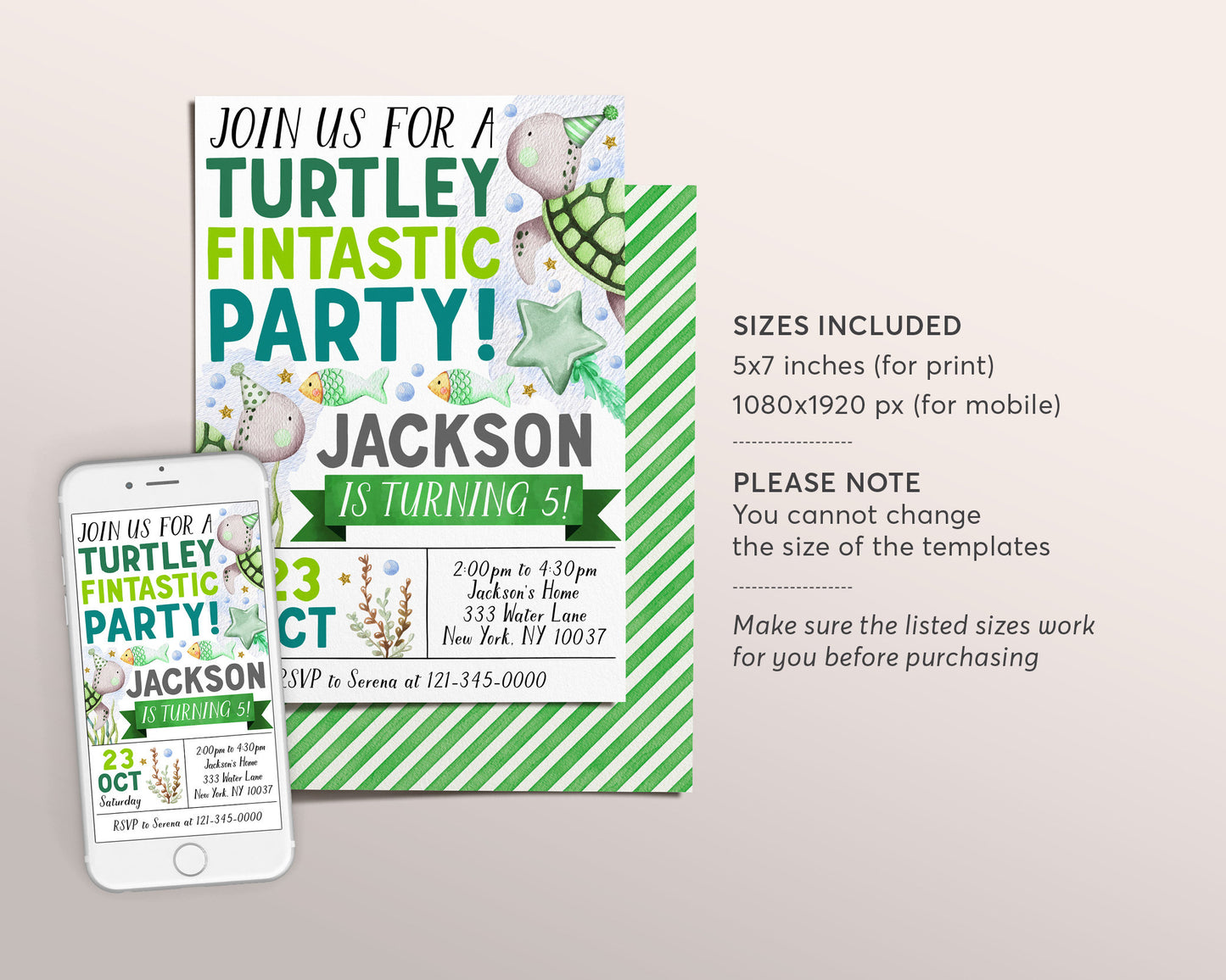 Turtley Fintastic Birthday Invitation Editable Template, Boy Sea Turtle Birthday Party Invite, Under the Sea Animal Pool Party Ocean Evite