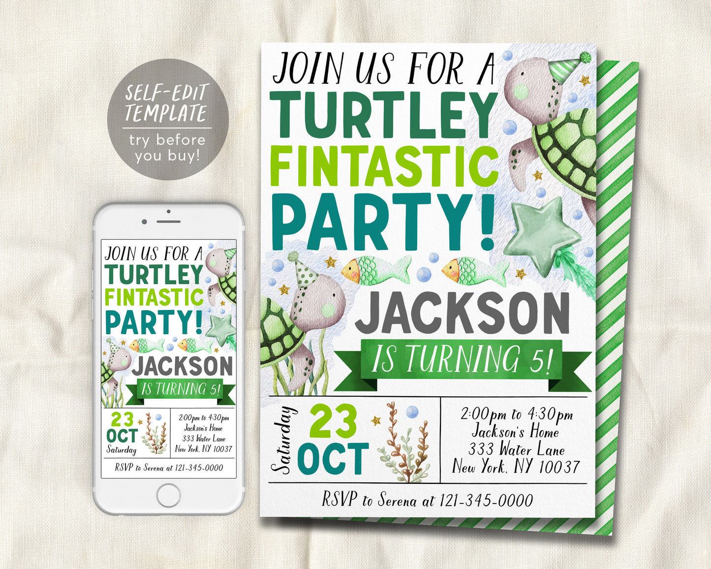 Turtley Fintastic Birthday Invitation Editable Template