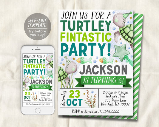 Turtley Fintastic Birthday Invitation Editable Template