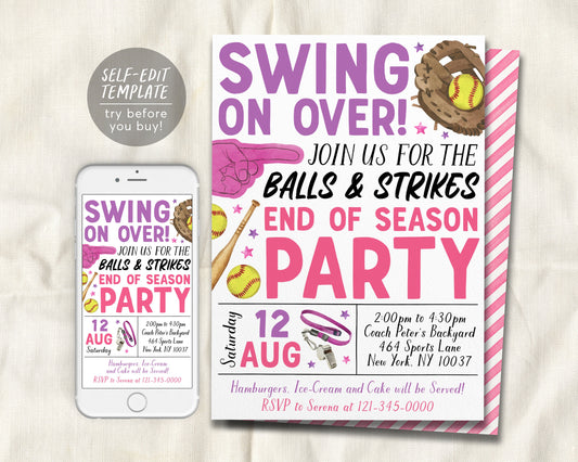 Softball End of Season Party Invitation Editable Template