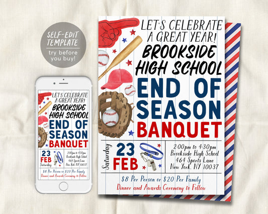 Baseball End of Season Sports Banquet Invitation Editable Template