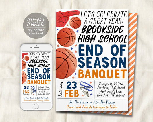 Basketball End of Season Sports Banquet Invitation Editable Template