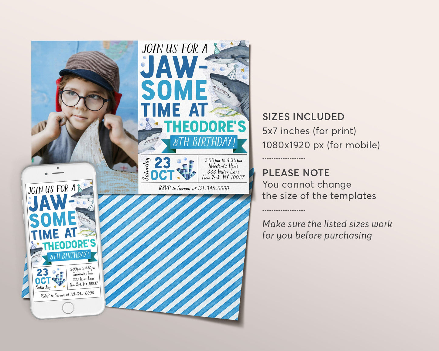 Shark Birthday Invitation With Photo Editable Template, Jawsome Shark Attack Party Invite, Underwater Under The Sea Pool Party Ocean Evite