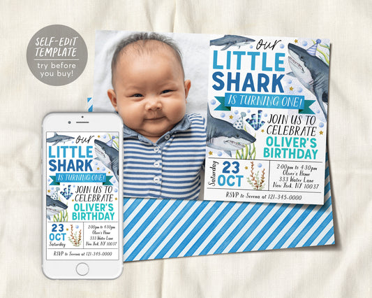 Little Shark First Birthday Invitation With Photo Editable Template