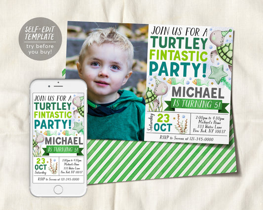 Turtley Fintastic Birthday Invitation With Photo Editable Template