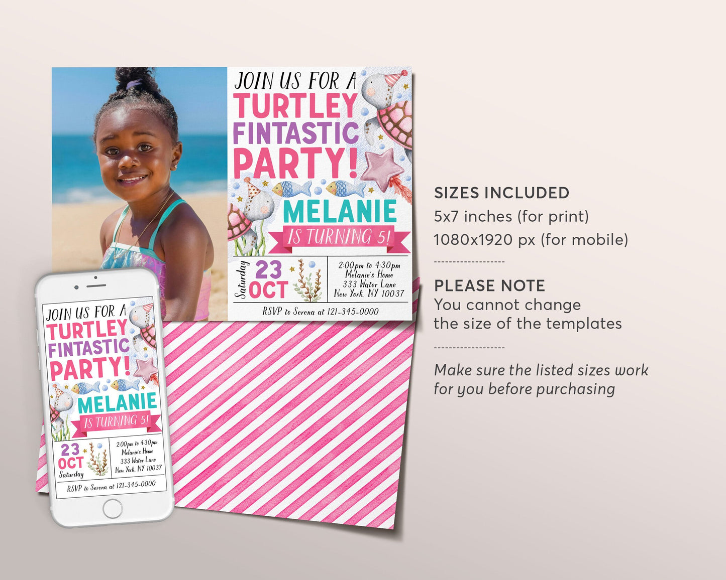 Turtley Fintastic Birthday Invitation With Photo Editable Template, Girl Sea Turtle Birthday Party Invite, Under the Sea Pool Party Evite