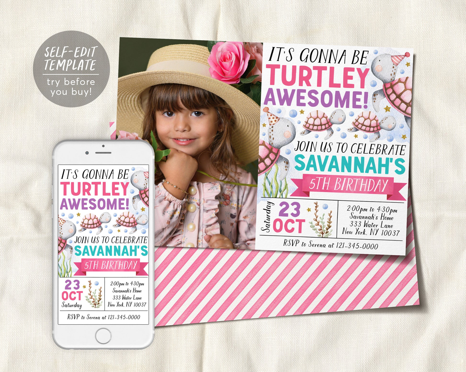 Turtle Birthday Invitation With Photo Editable Template