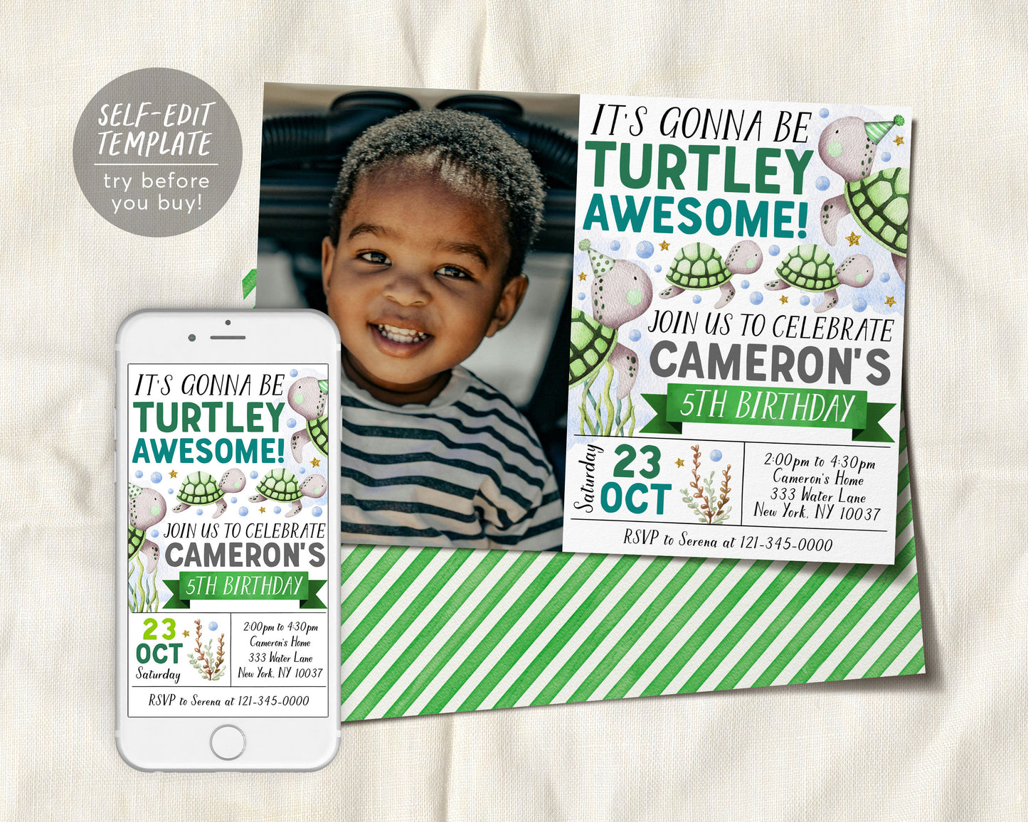 Turtle Birthday Invitation With Photo Editable Template