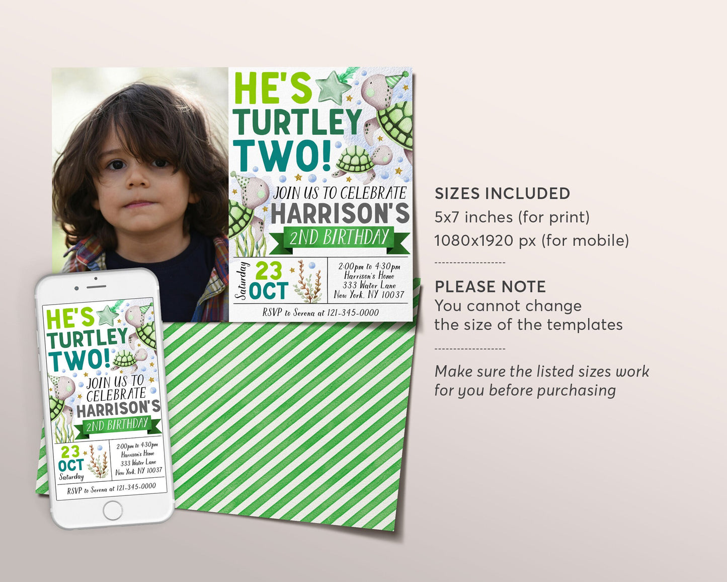 Turtle Second Birthday Invitation With Photo Editable Template, He's Turtley Two 2nd Birthday Party Invite, Under the Sea Pool Party Evite