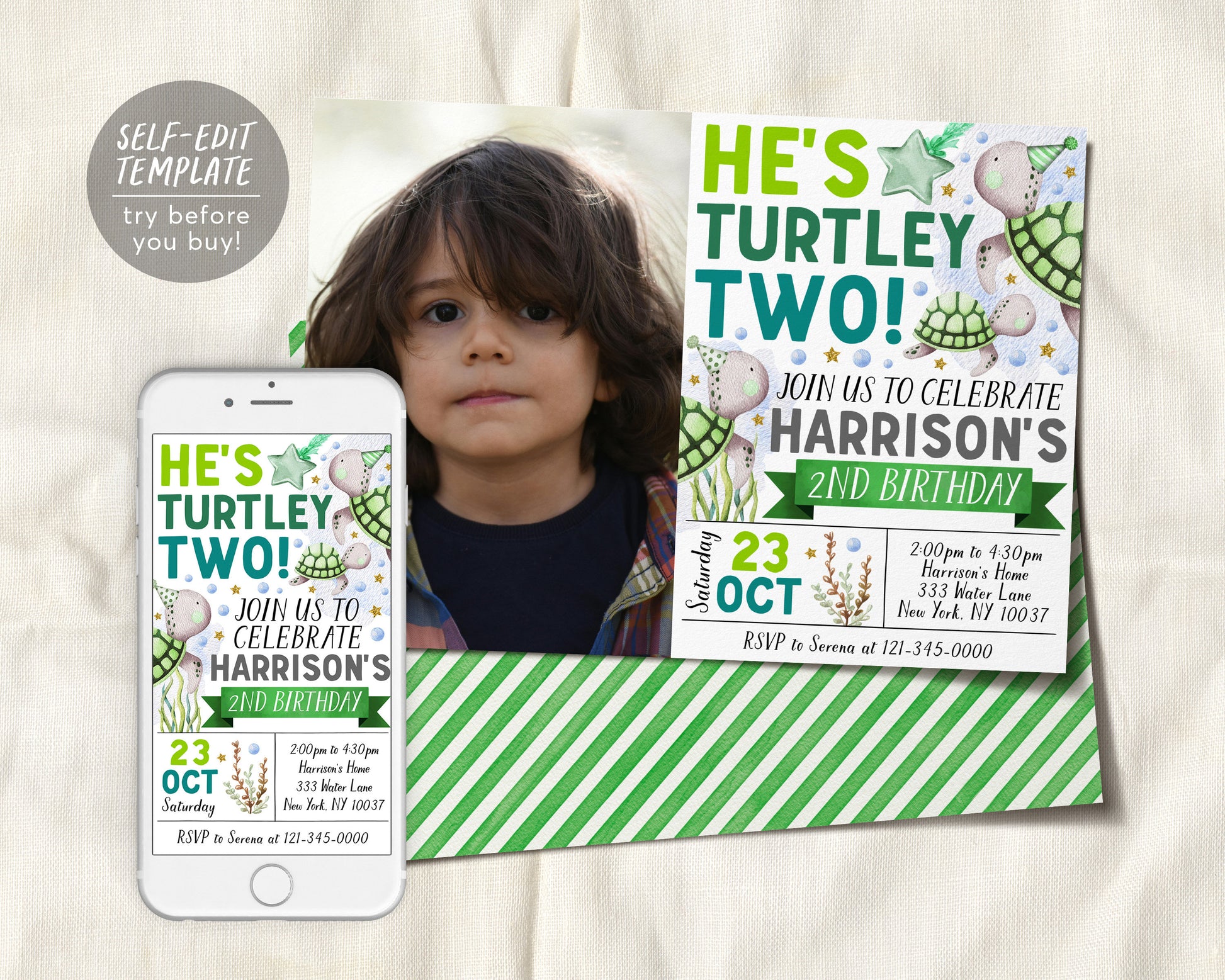 Turtle Second Birthday Invitation With Photo Editable Template