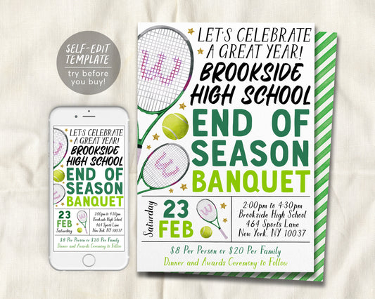 Tennis End of Season Sports Banquet Invitation Editable Template