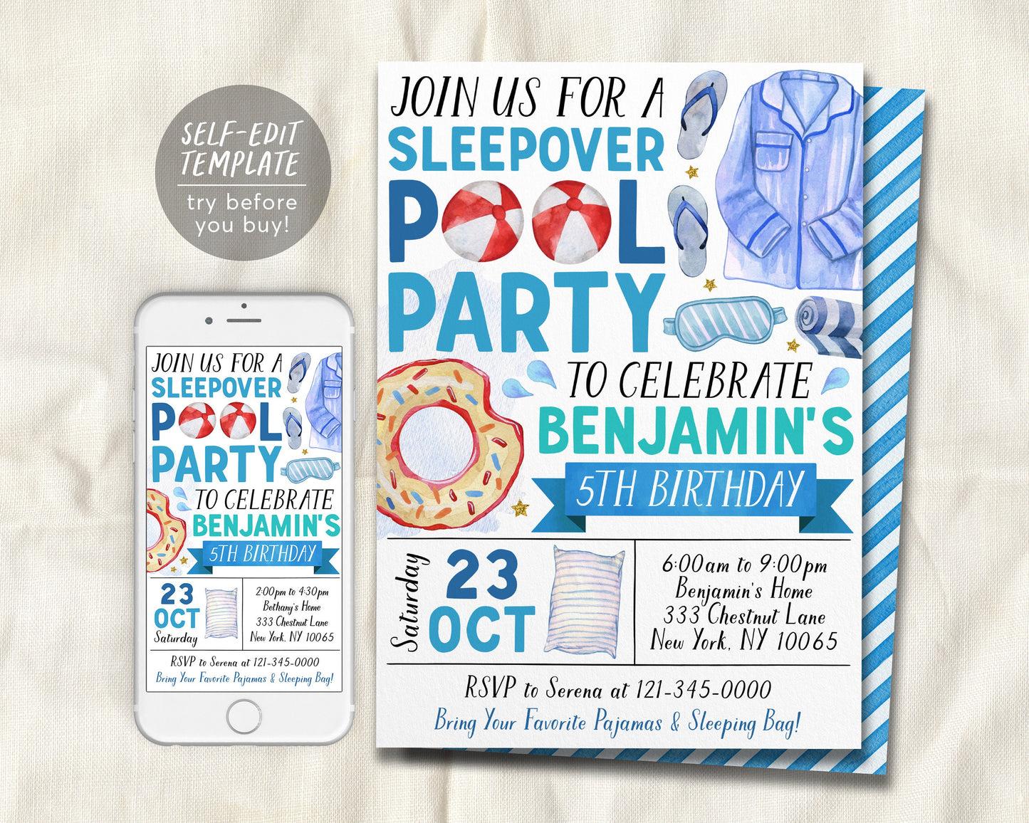 Sleepover Pool Party Birthday Invitation Editable Template