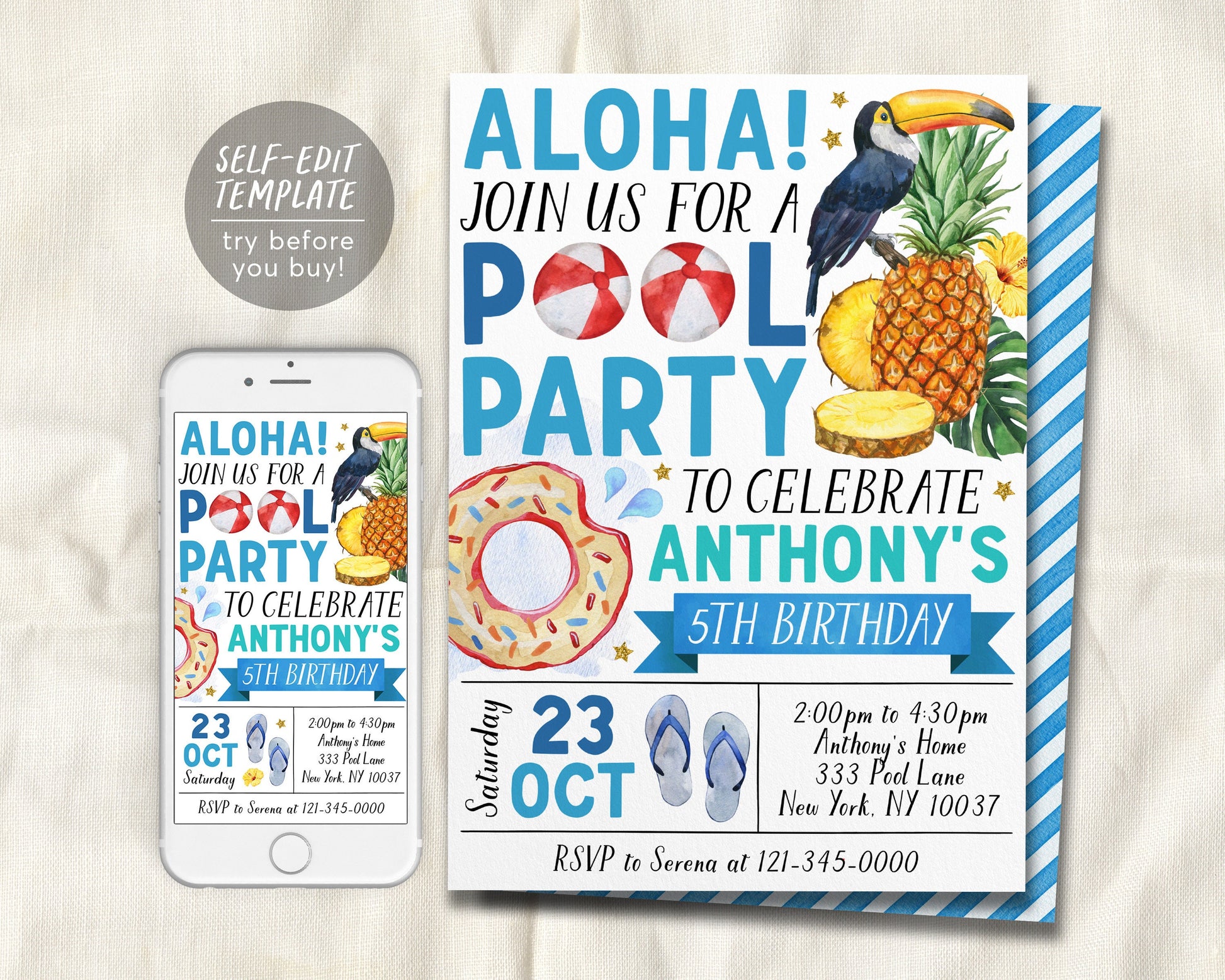Aloha Tropical Pool Party Birthday Invitation Editable Template