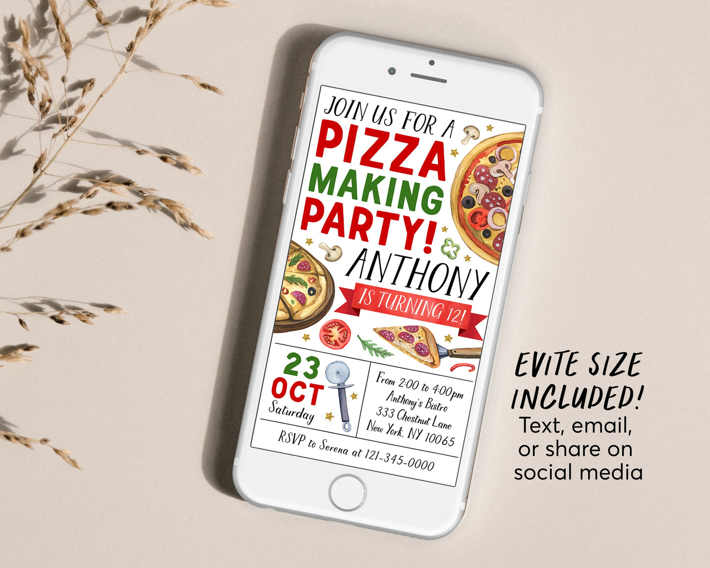 Pizza Making Party Birthday Invitation Editable Template, Kids Pizza Party Invite, Unisex Chef Pizza Evite, Slice Of Fun Pizzeria Printable