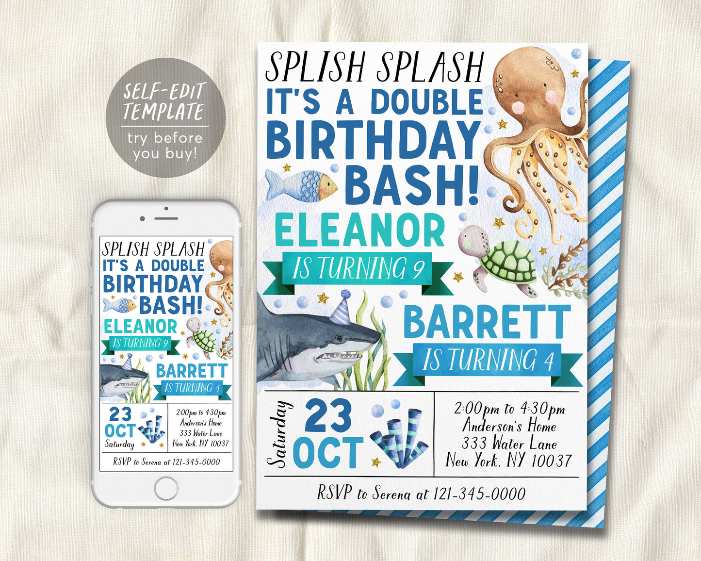 Under The Sea Joint Siblings Birthday Invitation Editable Template