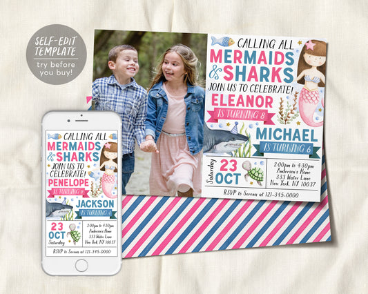 Mermaids and Sharks Joint Siblings Birthday Invitation With Photo Editable Template