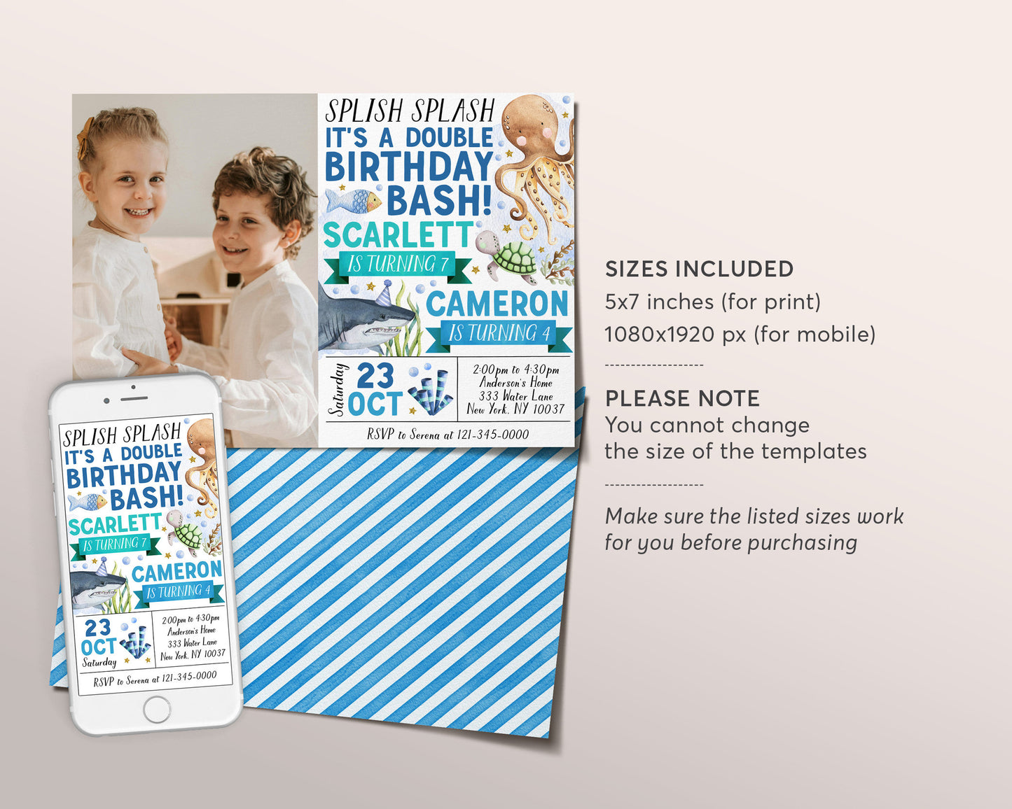 Under The Sea Joint Siblings Birthday Invitation With Photo Editable Template, Double Birthday Bash Sea Animals Theme Party Invite Evite