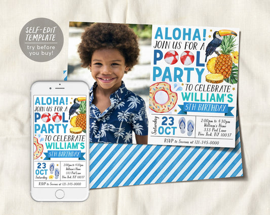 Aloha Tropical Pool Party Birthday Invitation With Photo Editable Template