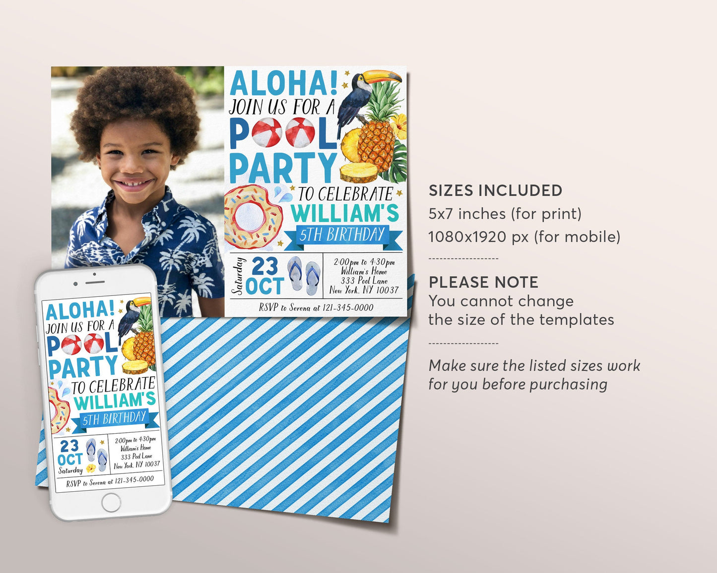 Aloha Tropical Pool Party Birthday Invitation With Photo Editable Template, Summer Hawaiian Swimming Party Invite, Boy Pineapple Evite