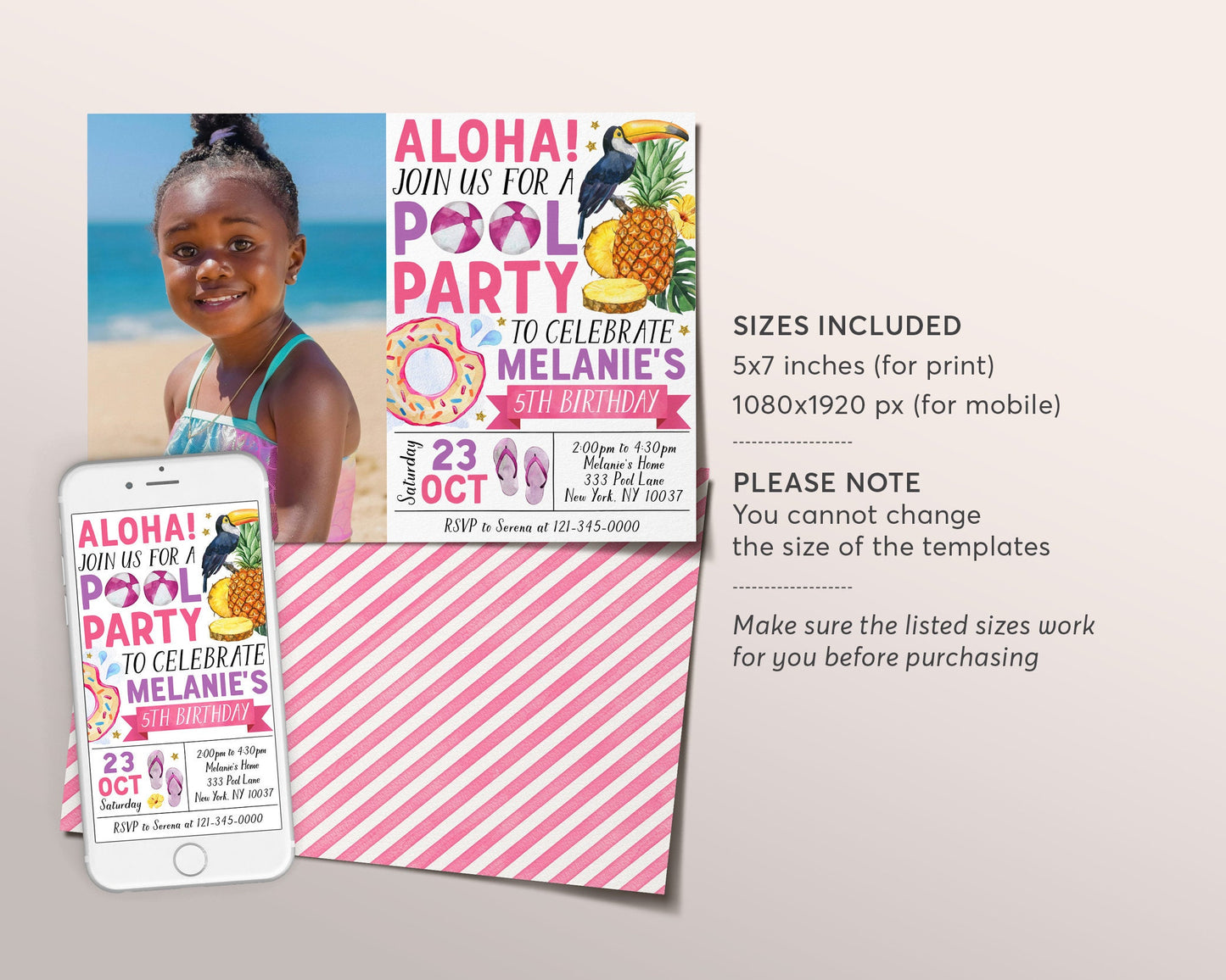 Aloha Tropical Pool Party Birthday Invitation With Photo Editable Template, Summer Themed Swimming Party Invite, Girl Hawaii Pineapple Evite