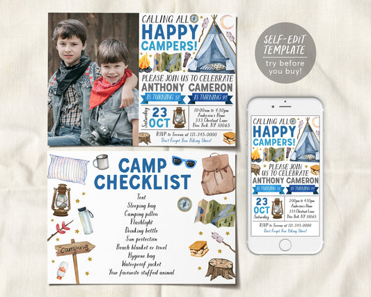 Joint Siblings Camping Birthday Invitation With Photo Editable Template