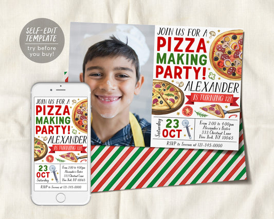 Pizza Making Party Birthday Invitation With Photo Editable Template