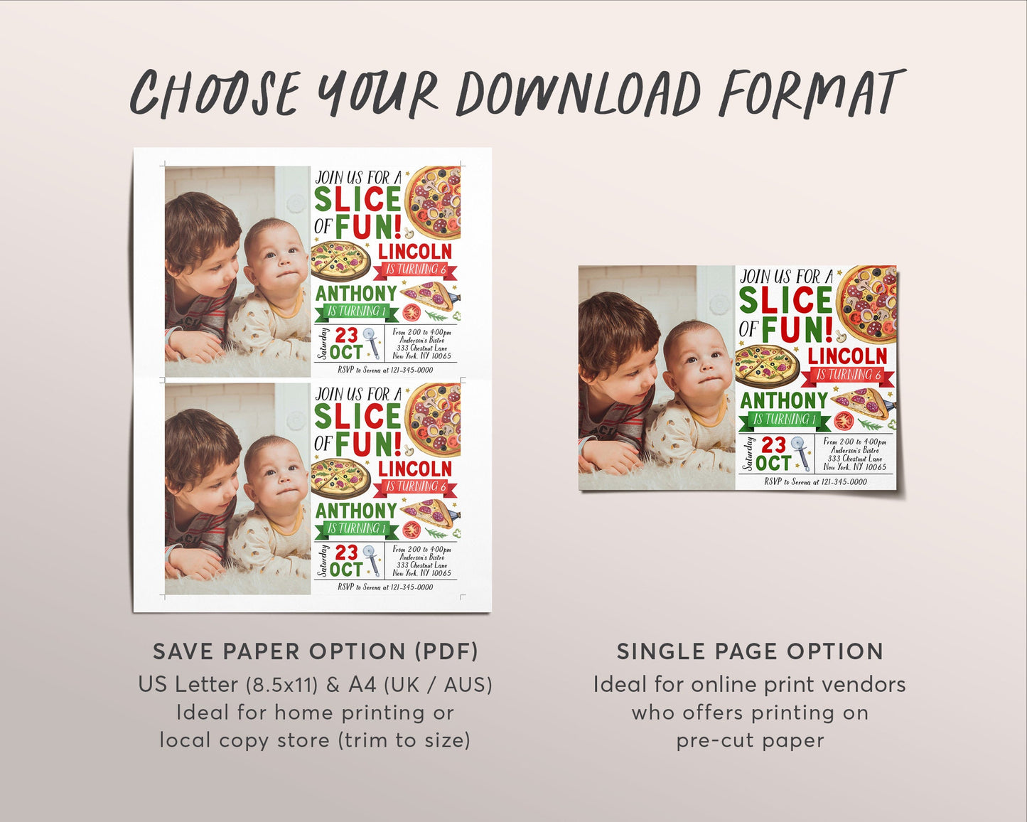 Pizza Party Joint Siblings Birthday Invitation With Photo Editable Template, Kids Twins Pizza Party Invite, Boy And Girl Pizza Making Evite