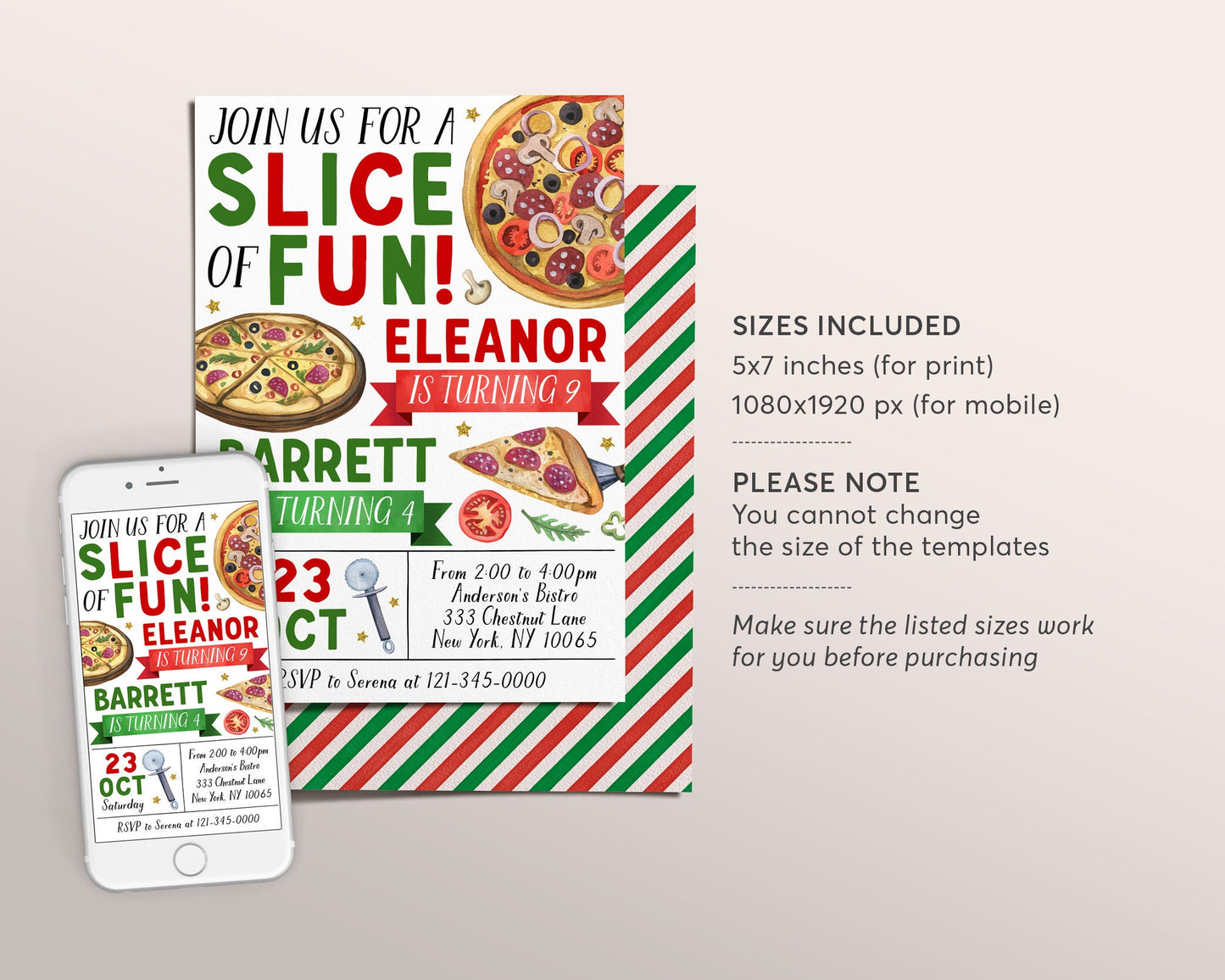 Pizza Party Joint Siblings Birthday Invitation Editable Template, Kids Twins Pizza Party Invite, Boy And Girl Pizza Making Evite Printable