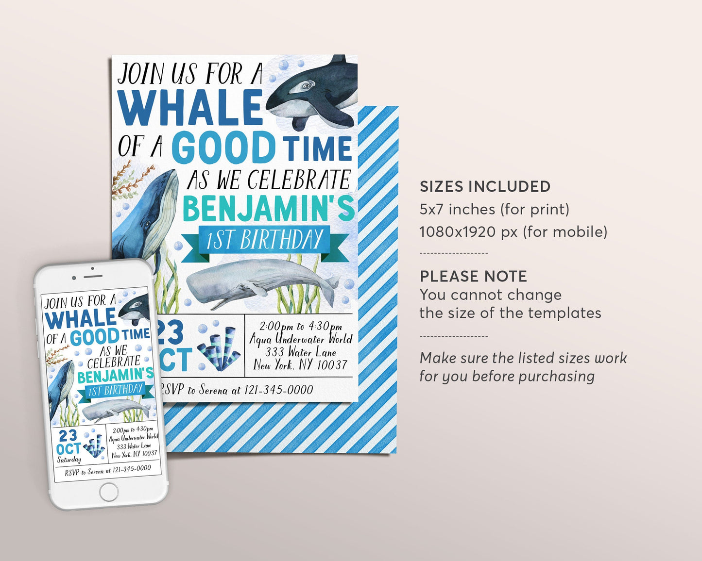 Whale Birthday Invitation Editable Template, Whale of a Good Time Party Invite, Boy Under The Sea Theme Ocean Celebration Pool Party Evite