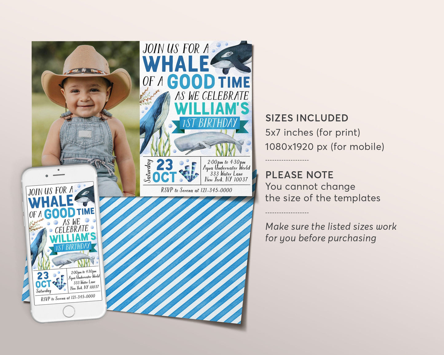 Whale Birthday Invitation With Photo Editable Template, Whale of a Good Time Party Invite, Boy Under The Sea Theme Ocean Pool Party Evite