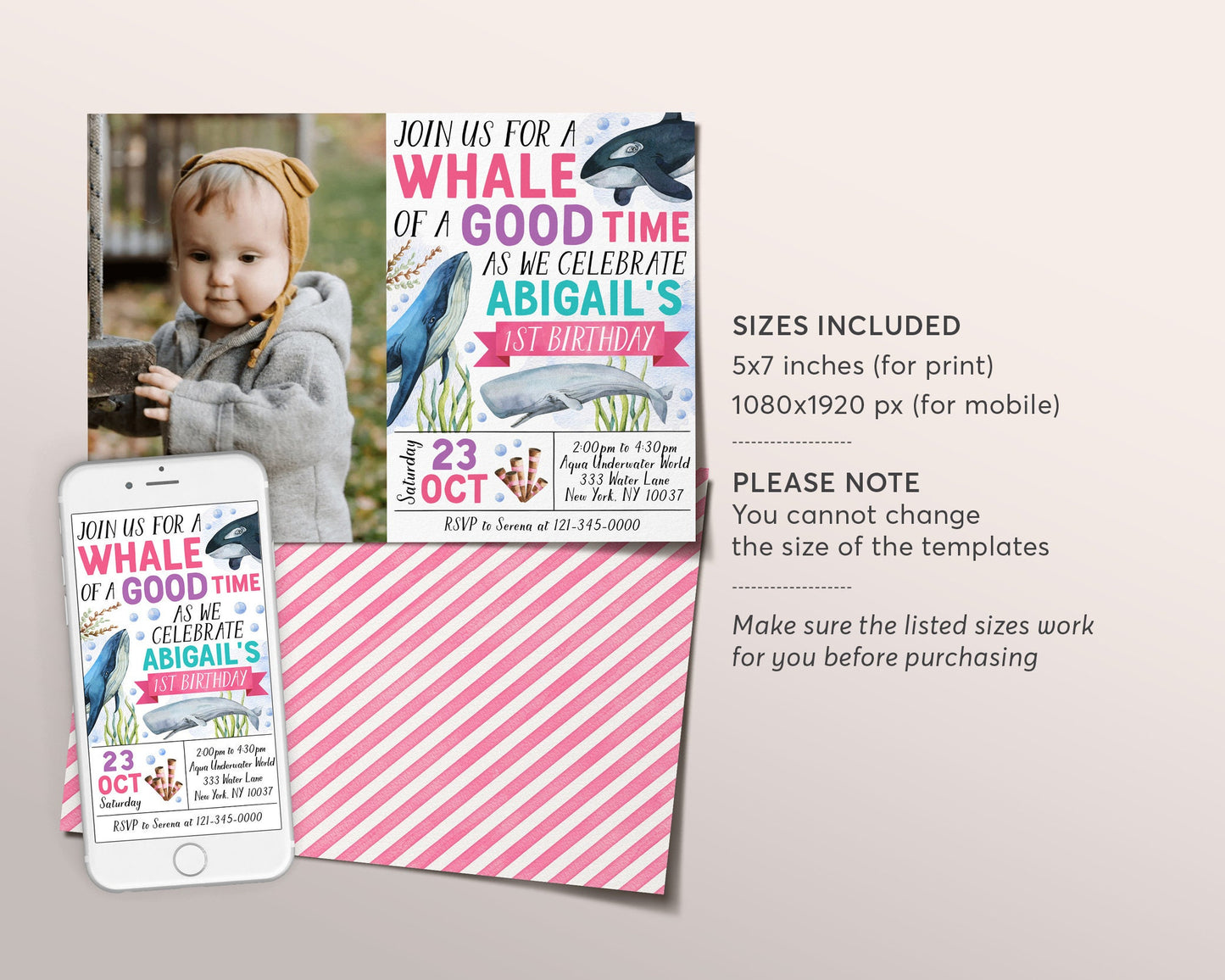 Whale Birthday Invitation With Photo Editable Template, Whale of a Good Time Party Invite, Girl Under The Sea Celebration Pool Party Evite