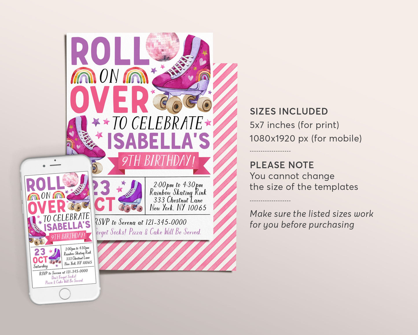 Roller Skating Birthday Invitation Editable Template, Girl Roller Skate Disco Dance Party Invite, Kids Roll On Over Rollerskating Rink Evite