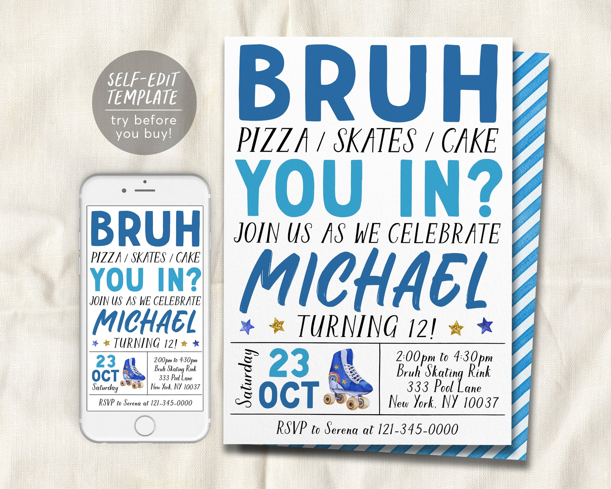 Bruh Roller Skating Birthday Invitation Editable Template