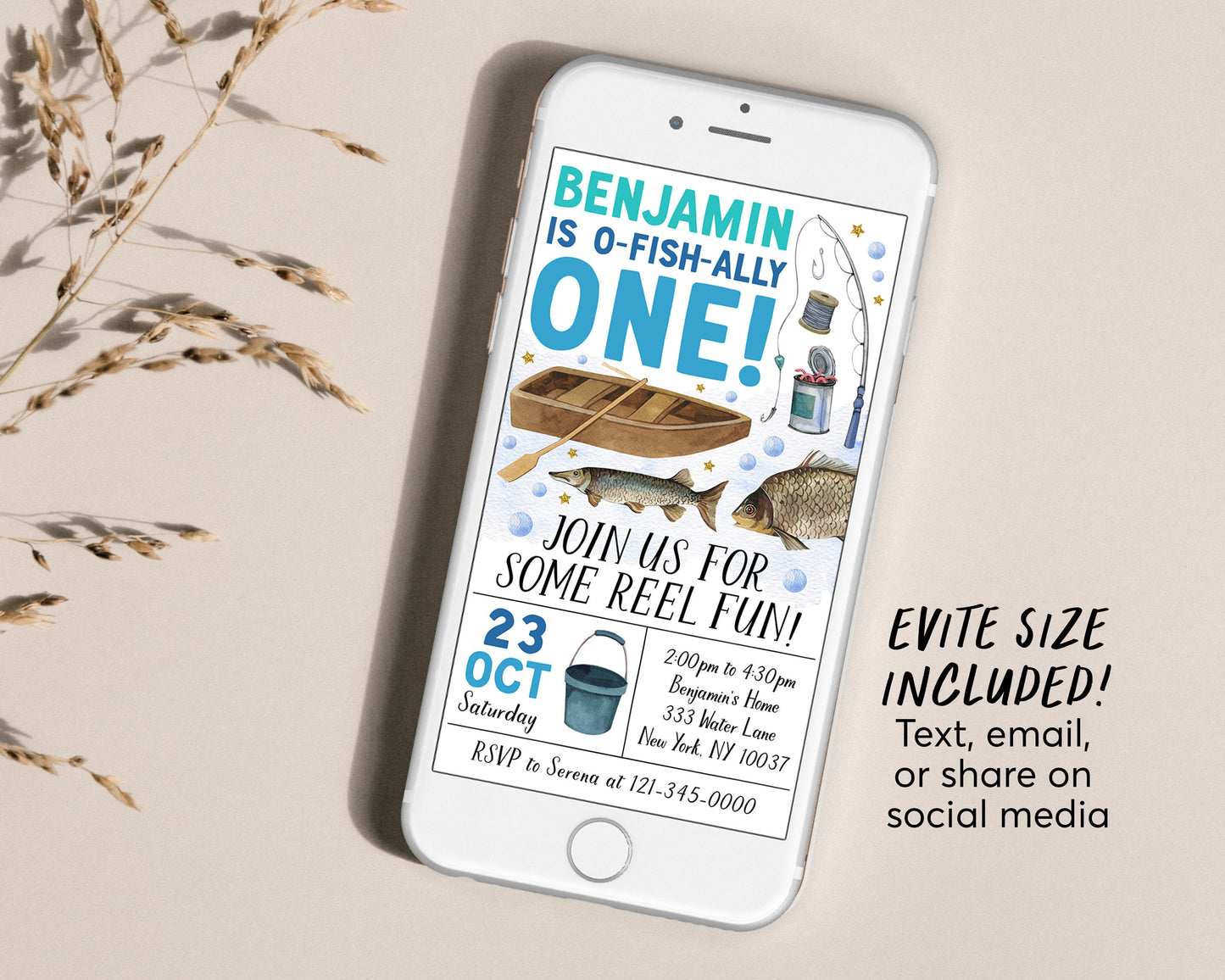 Fishing 1st Birthday Invitation Editable Template, Boy O Fish Ally One First Birthday Party Invite, Ofishally Fly Fishing Evite, Reel Fun