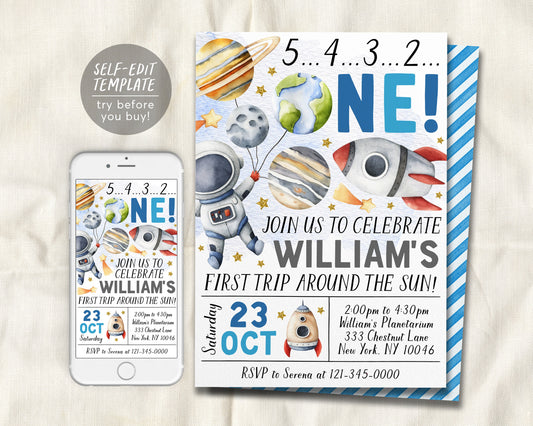 Outer Space First Birthday Invitation Editable Template