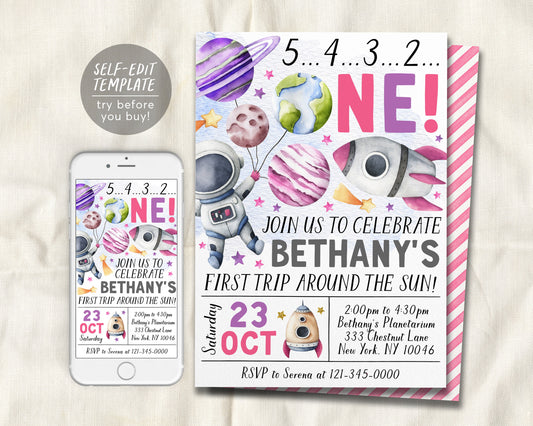 Outer Space First Birthday Invitation Editable Template