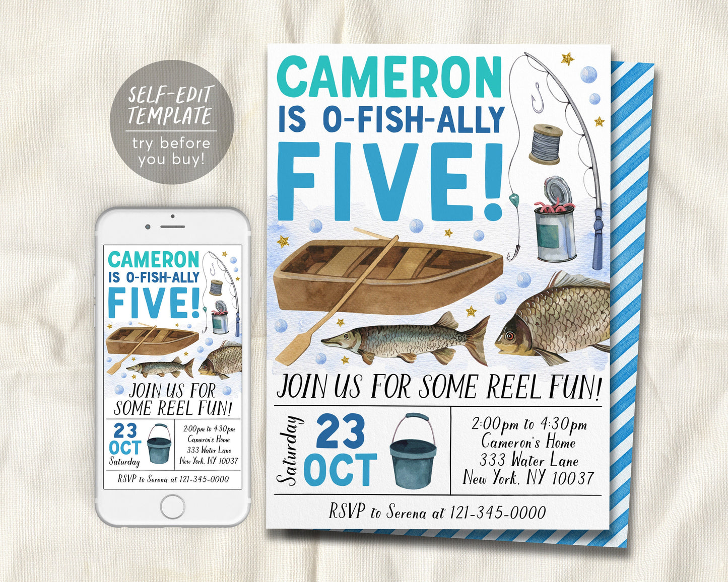 Fishing 5th Birthday Invitation Editable Template